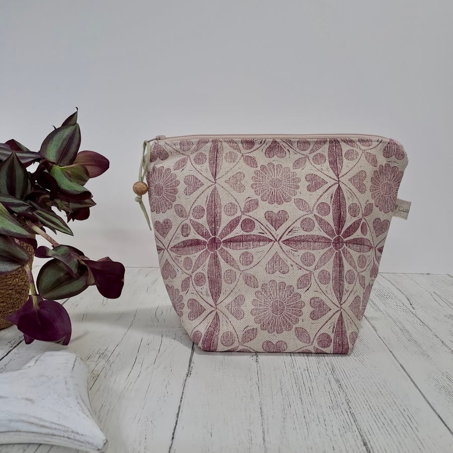 Hand Printed Linen Wash Bag, Toiletry Bag, Accessory Bag - Raspberry Pink