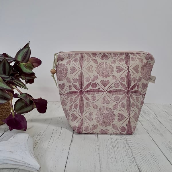 Hand Printed Linen Wash Bag, Toiletry Bag, Accessory Bag - Raspberry Pink