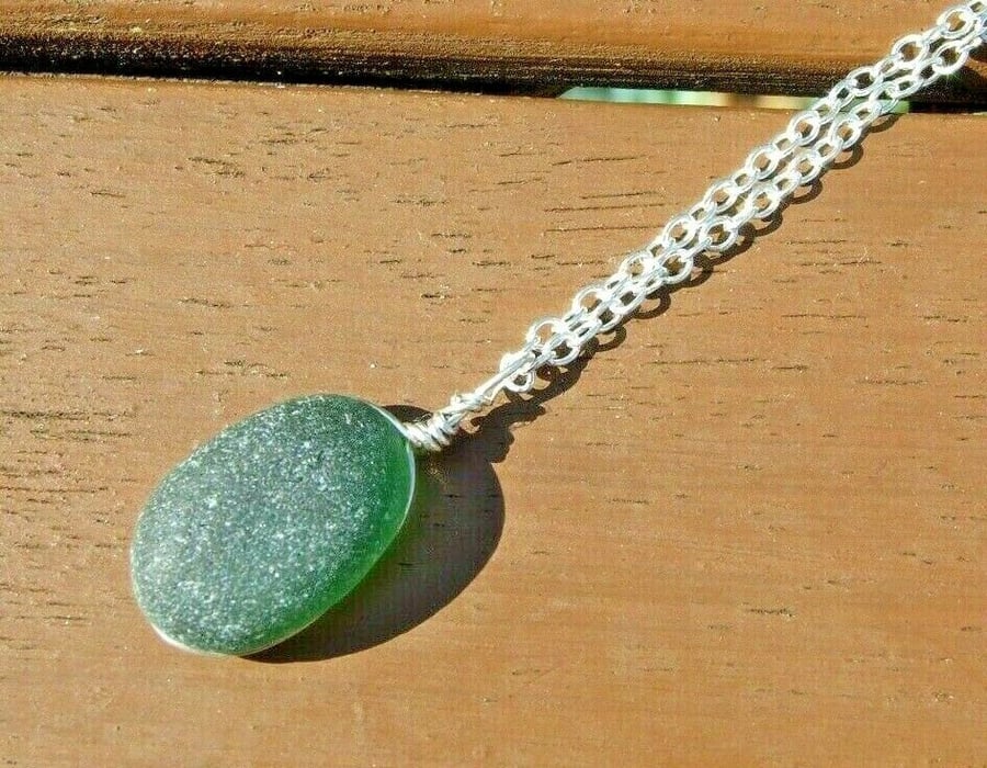 Recycled "Ecosilver" Sterling Silver Wire Wrapped Green Seaglass Necklace