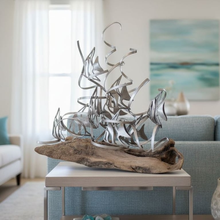 Tabletop Stainless Steel Fish Sculpture on Driftwood or Metal Base