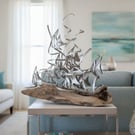 Tabletop Stainless Steel Fish Sculpture on Driftwood or Metal Base