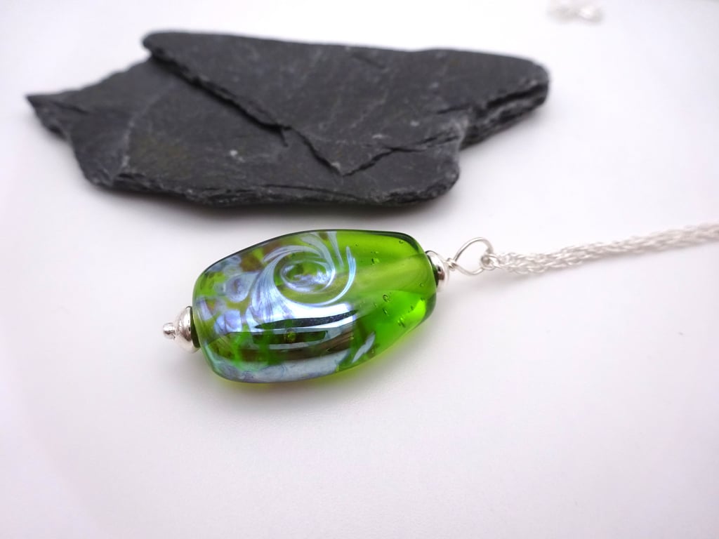 Green lampwork glass silver swirl pendant necklace