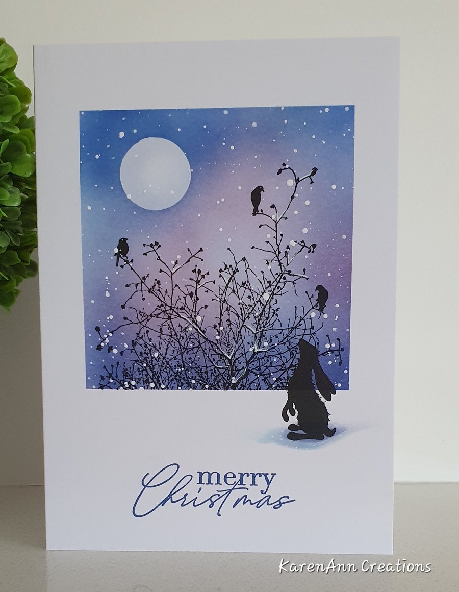 Christmas card moongazing hare