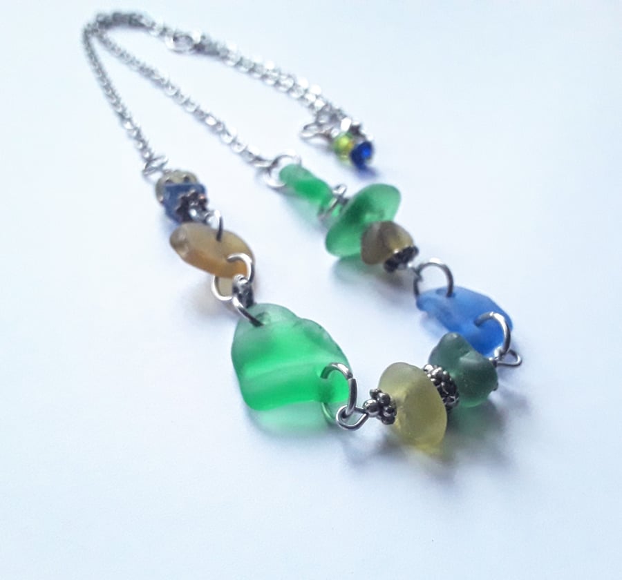 Beach Boho Seaglass Necklace: Blue, Yellow & Green