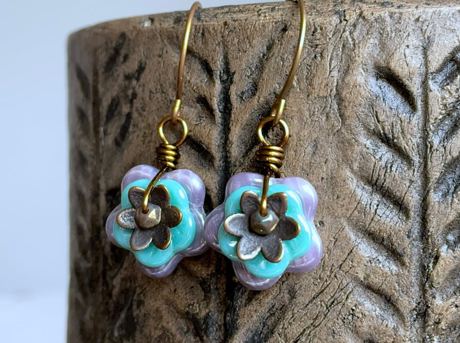 Flower Earrings. Purple & Turquoise Czech Glass Earrings. Floral Earrings