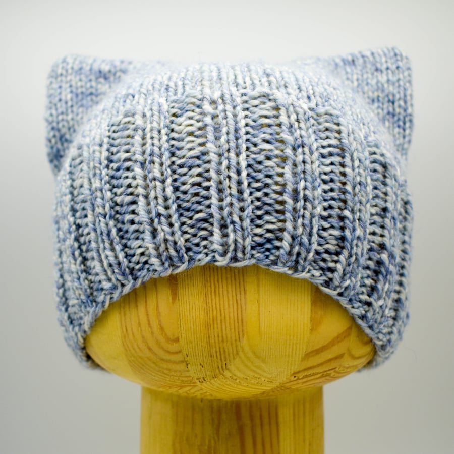 SOLD Hand Knitted pussy hat in marled blue and white - Adult small