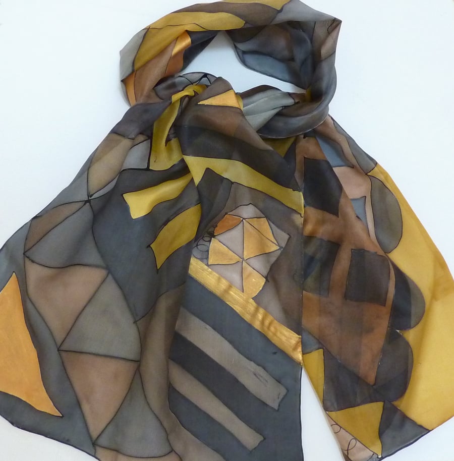 Brown and ochre geometric design silk scarf