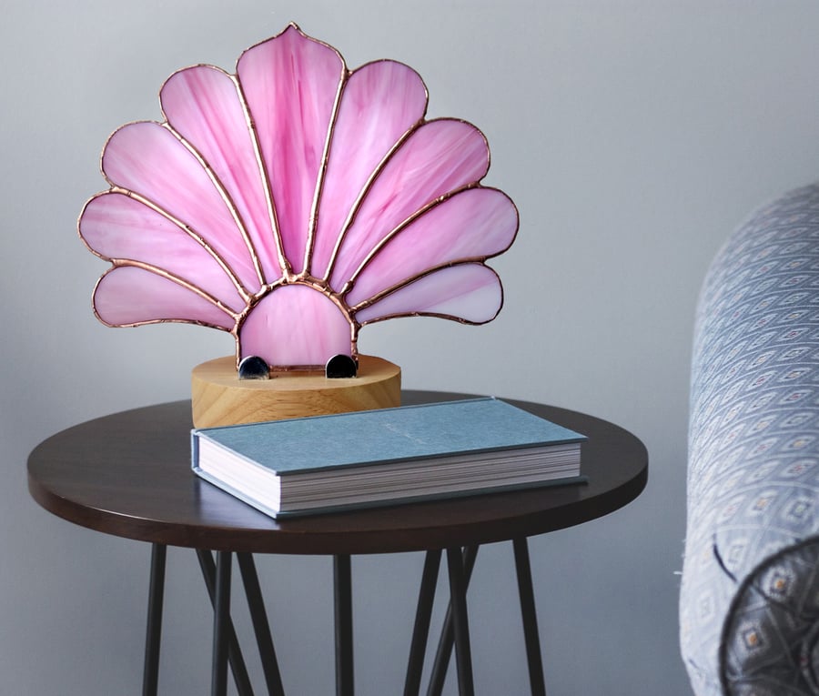 Rose Pink Stained Glass Fan Lamp Fully wired on Wooden base