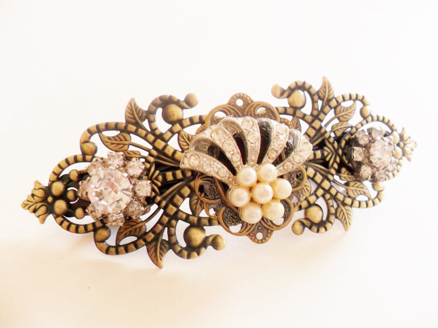 Vintage Diamante Hair Barrette Hair  Art Deco Clip Steampunk Upcycled Jewellery