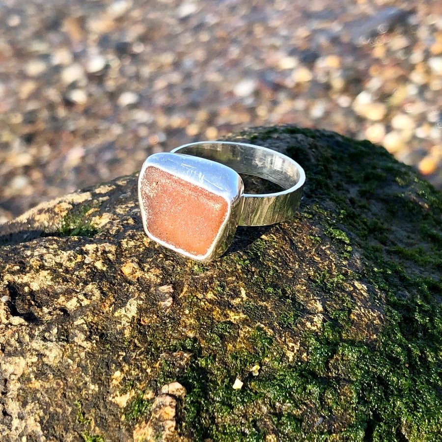 Large Brown Sea Glass and Sterling Silver Ring - Size T- 1210