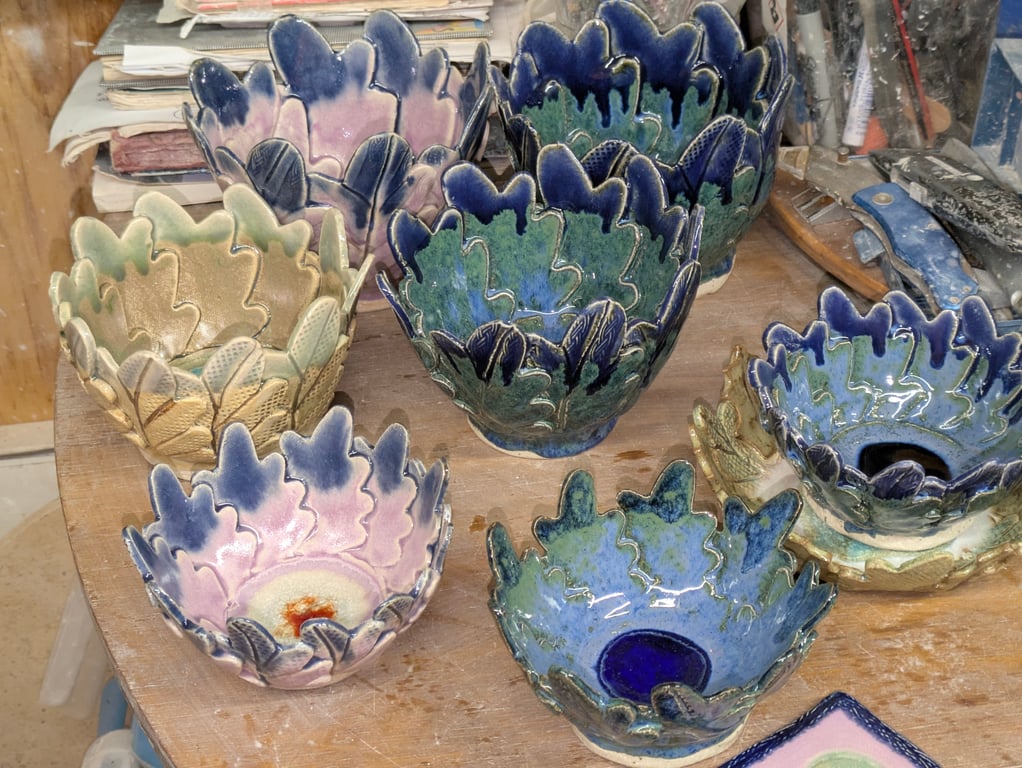 Glorious green-blue and mauve, oakleaf design stoneware bowls