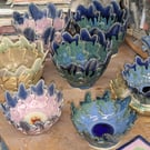 Glorious green-blue and mauve, oakleaf design stoneware bowls