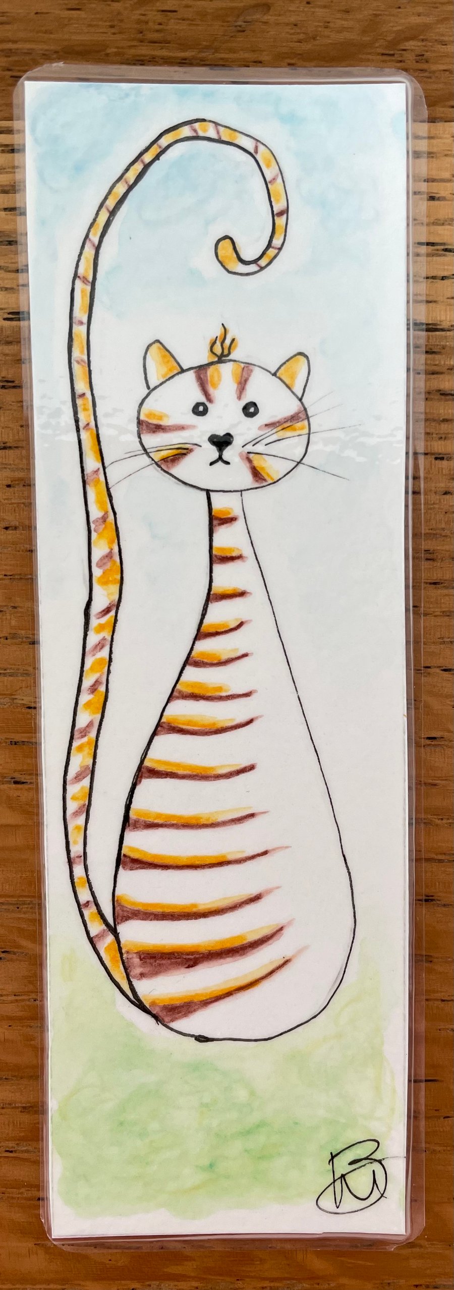 Hand painted original watercolour and ink fat cat bookmark