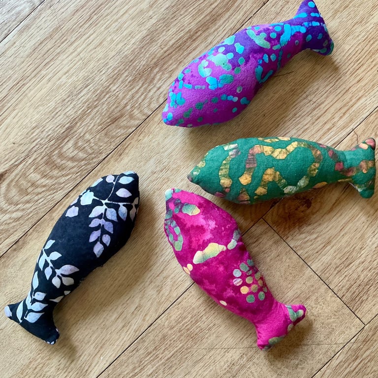 Small catnip fish……colourful batik cotton cat toy