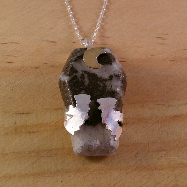Sterling Silver Gothic Dalmatian Jasper Coffin Gemstone Necklace (SKU060525)