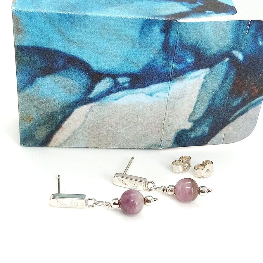 Lepidolite bar stud earrings flower leaf stamped sterling silver