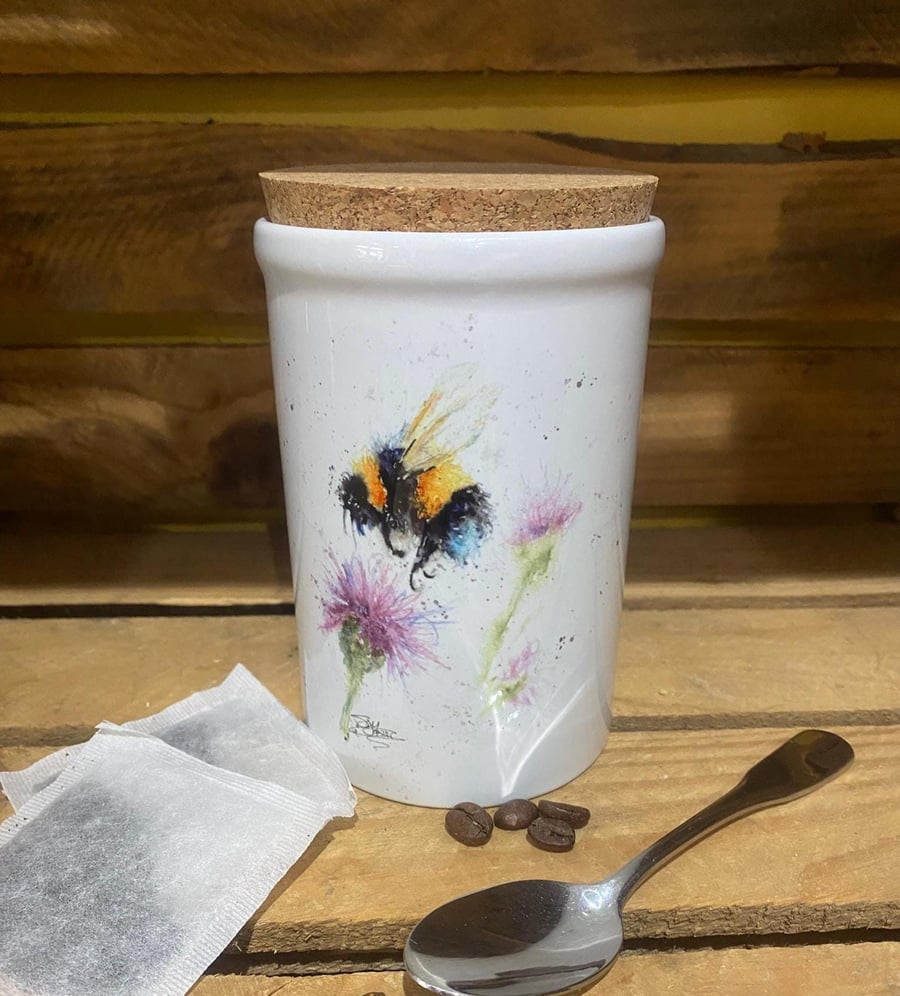 Bee and Thistle Watercolour Art on a Ceramic Storage Jar with Cork Lid.