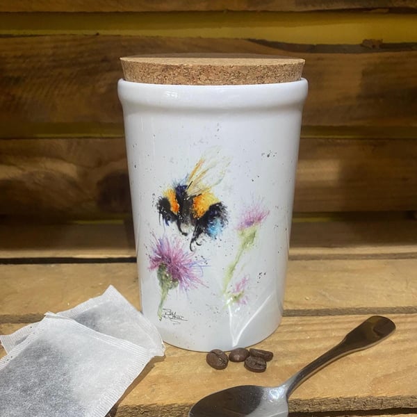 Bee and Thistle Watercolour Art on a Ceramic Storage Jar with Cork Lid.