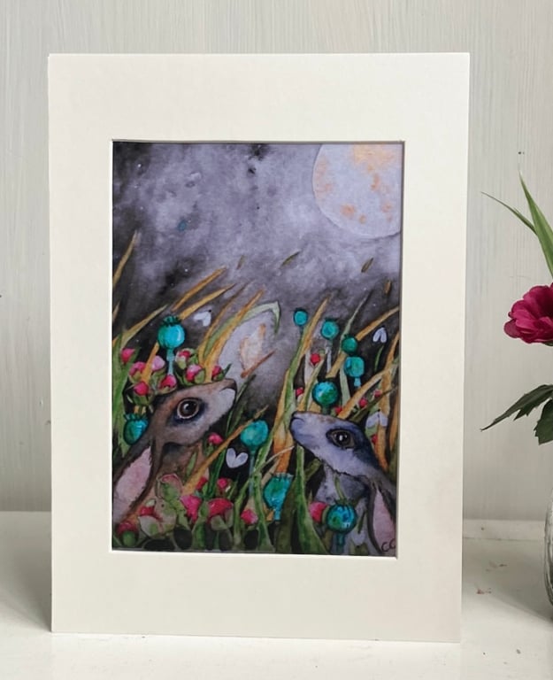 Mounted Whimsical Hares Rabbits under Full Moon Watercolour Print