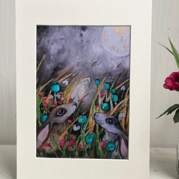 Mounted Whimsical Hares Rabbits under Full Moon... - Folksy