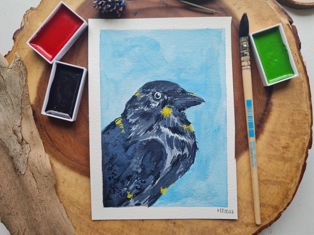 Original hand painted small watercolour Blue Crow art