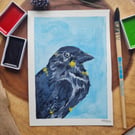 Original hand painted small watercolour Blue Crow art