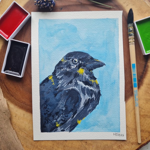 Original hand painted small watercolour Blue Crow art