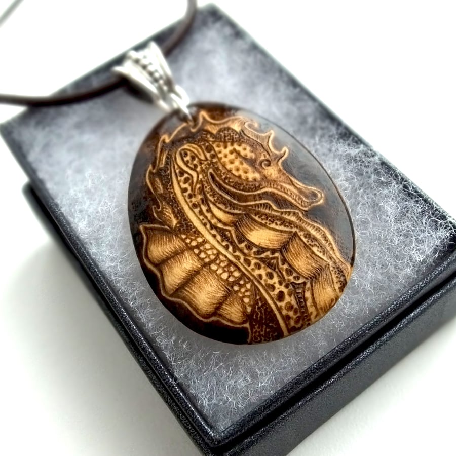 Wooden Seahorse Pyrography Pendant Necklace, Wood Teardrop, Sealife Lover