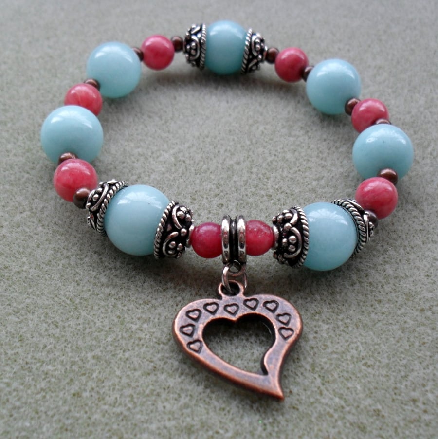 Semi Precious Gemstone Stretch Bracelet in Aqua Blue and Strawberry Pink Colours
