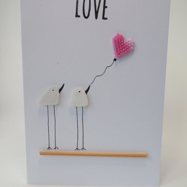 Sea Glass Birds Matt Pink Heart Love Valentine Wedding Engagement Card C409