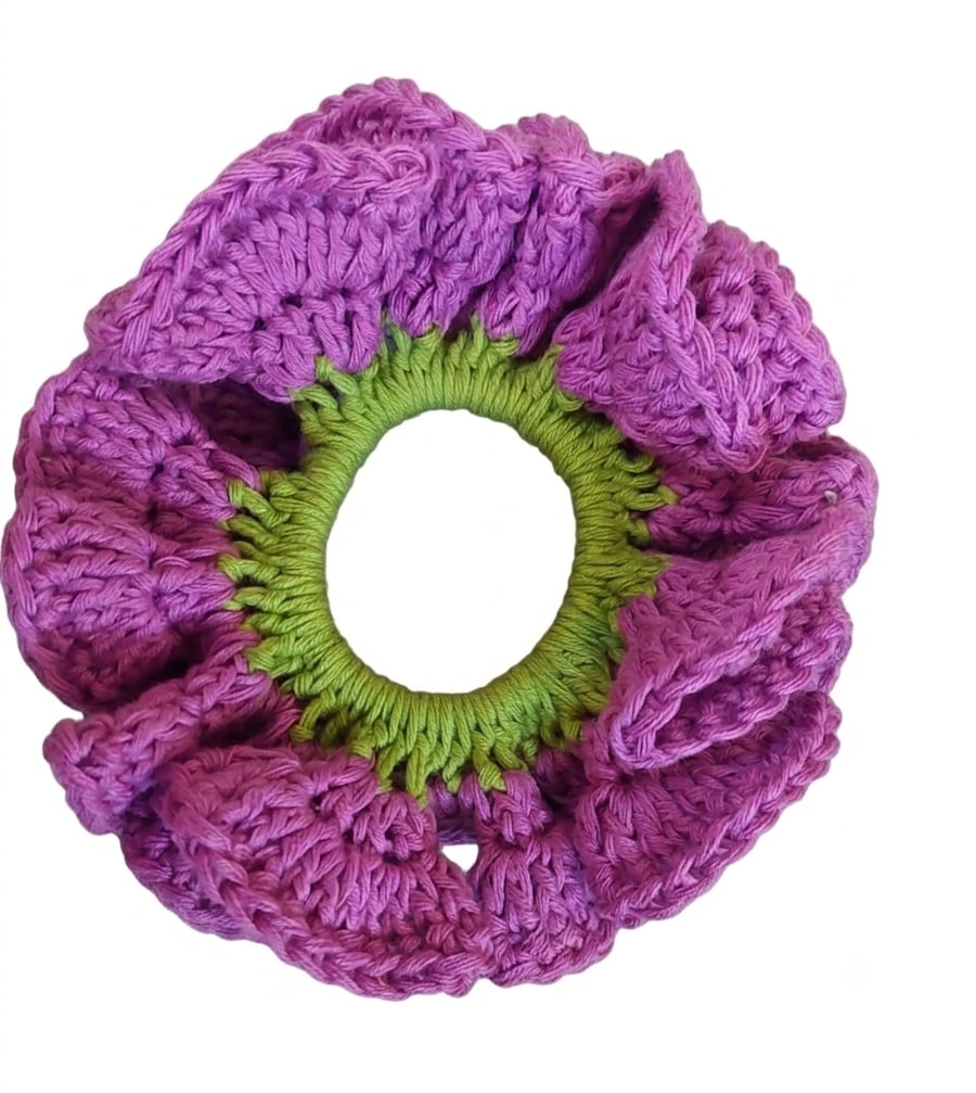 Handmade purple and green Crochet Scrunchie