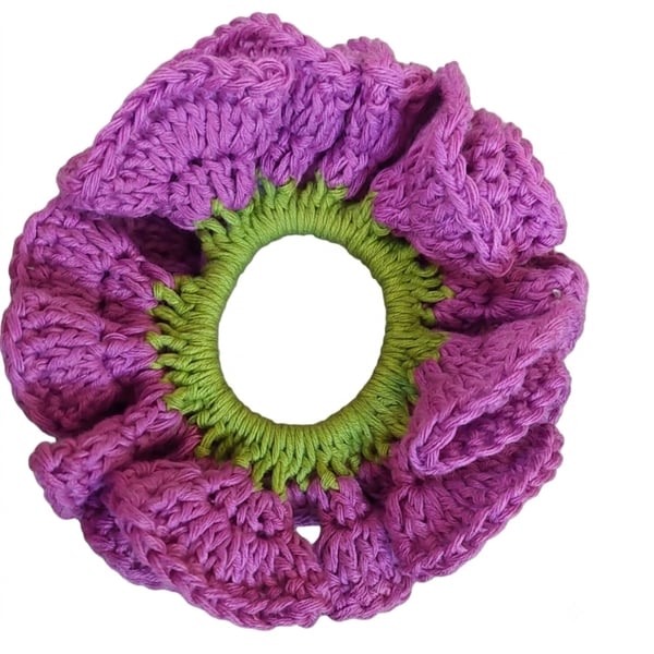 Handmade purple and green Crochet Scrunchie