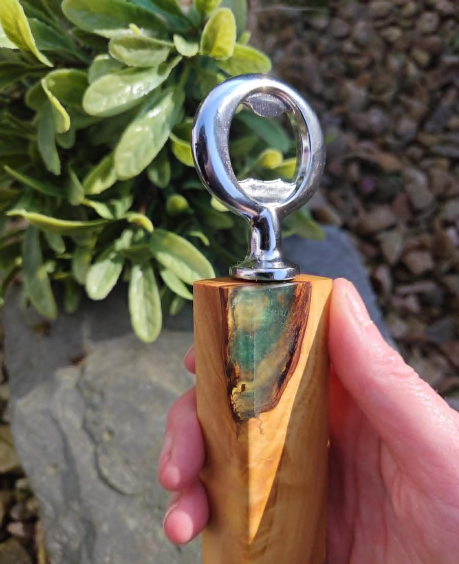 Handmade Olive Wood Bottle Opener with Green Resin