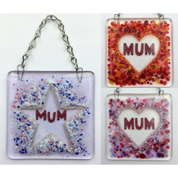 Handmade Fused Glass Mum In A Love Heart or Star Hanging Picture Suncatcher