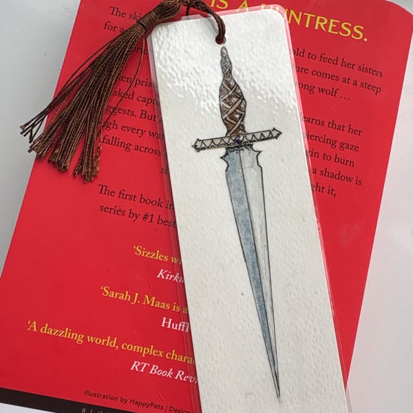 Hand painted watercolour sword bookmark with bronze Tassel