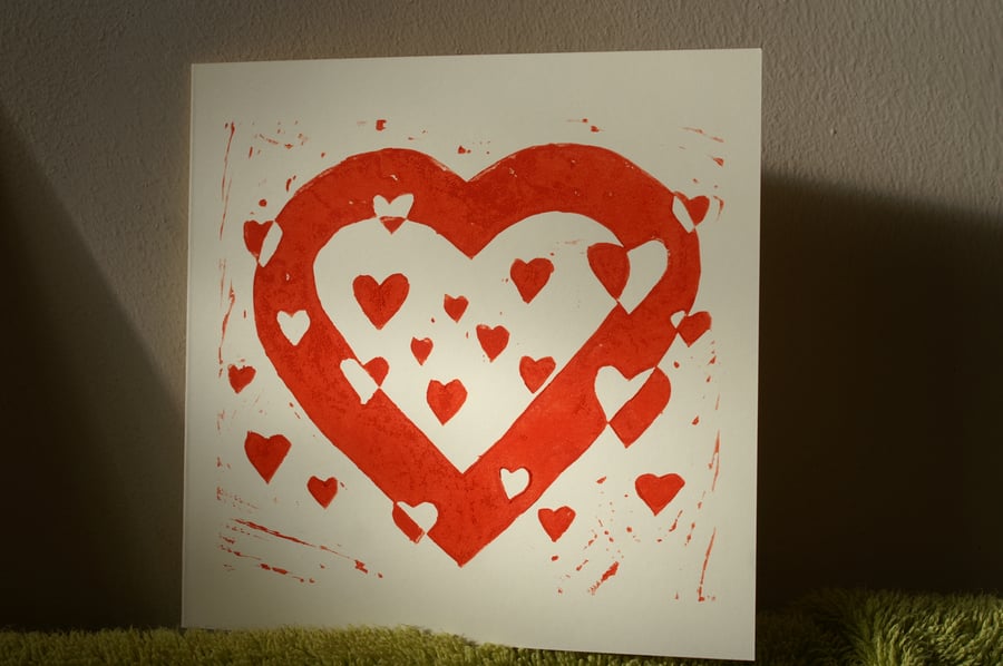 Confetti heart original linocut card
