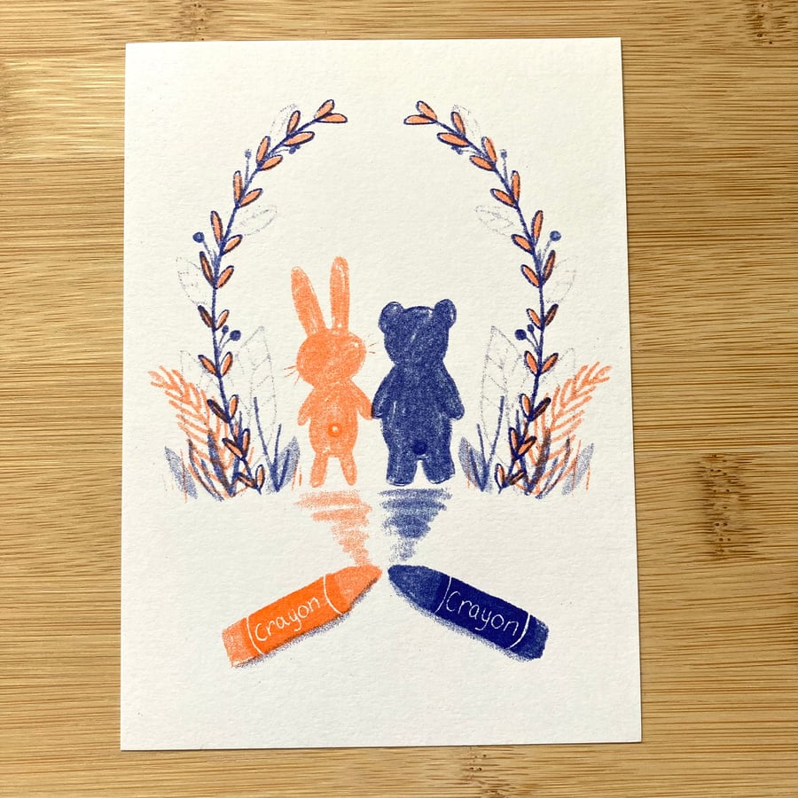 Bear and Bunny Best Friends Forever - A6 risograph print in Blue and Orange 