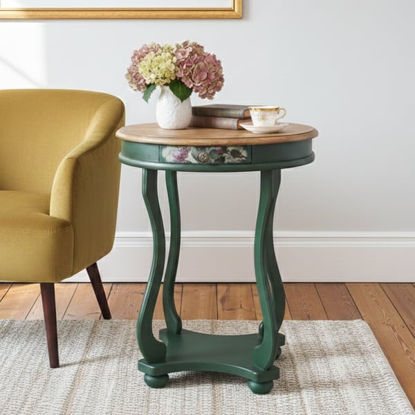 Green Vintage Table With Floral Drawer and Exposed Wood