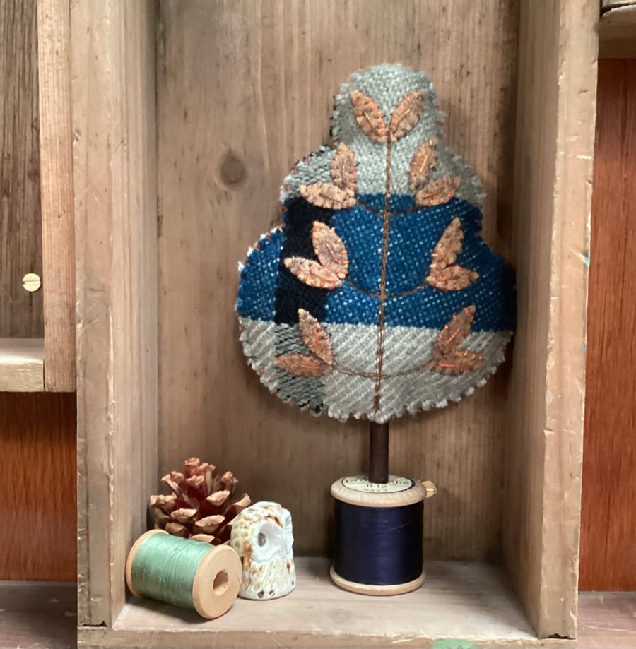 Hand woven blue and grey tree with golden leaves leaves 
