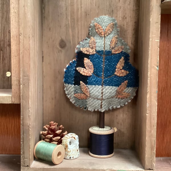 Hand woven blue and grey tree with golden leaves leaves 