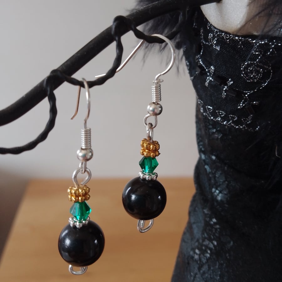 Handmade Black & Green Glass Beads Gold & Silver Plated Dangle Earrings OOAK