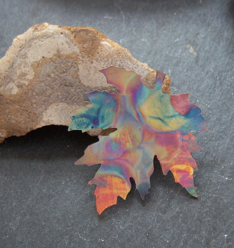 Flame painted copper leaf brooch
