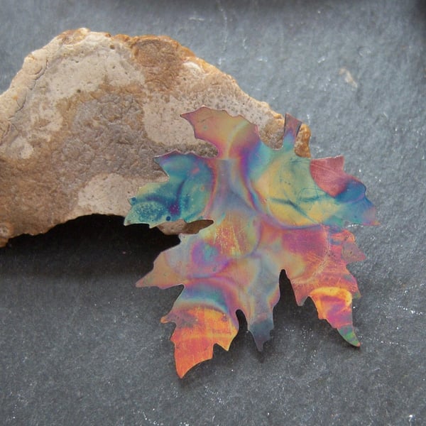 Flame painted copper leaf brooch