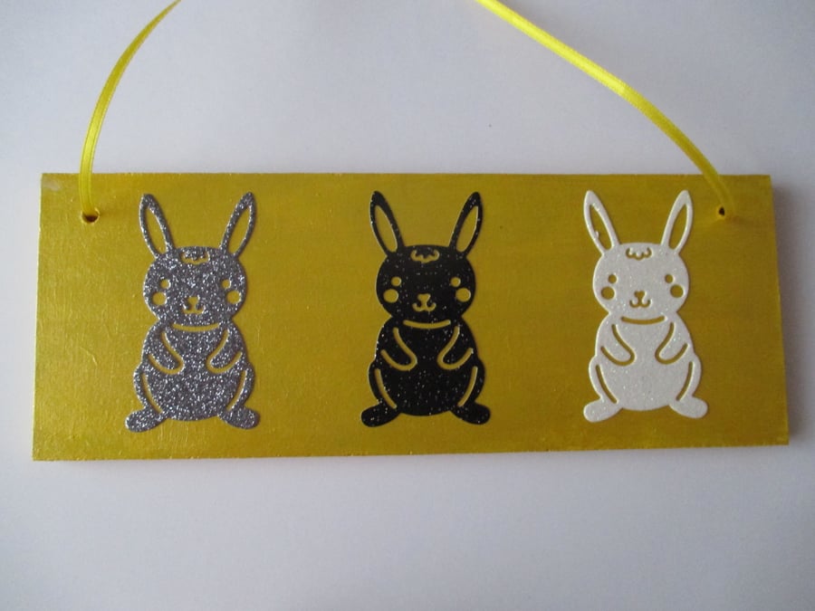 Bunny Rabbit Wooden hanging Decoration Easter Bunny Glitter Rabbit Gift Plaque
