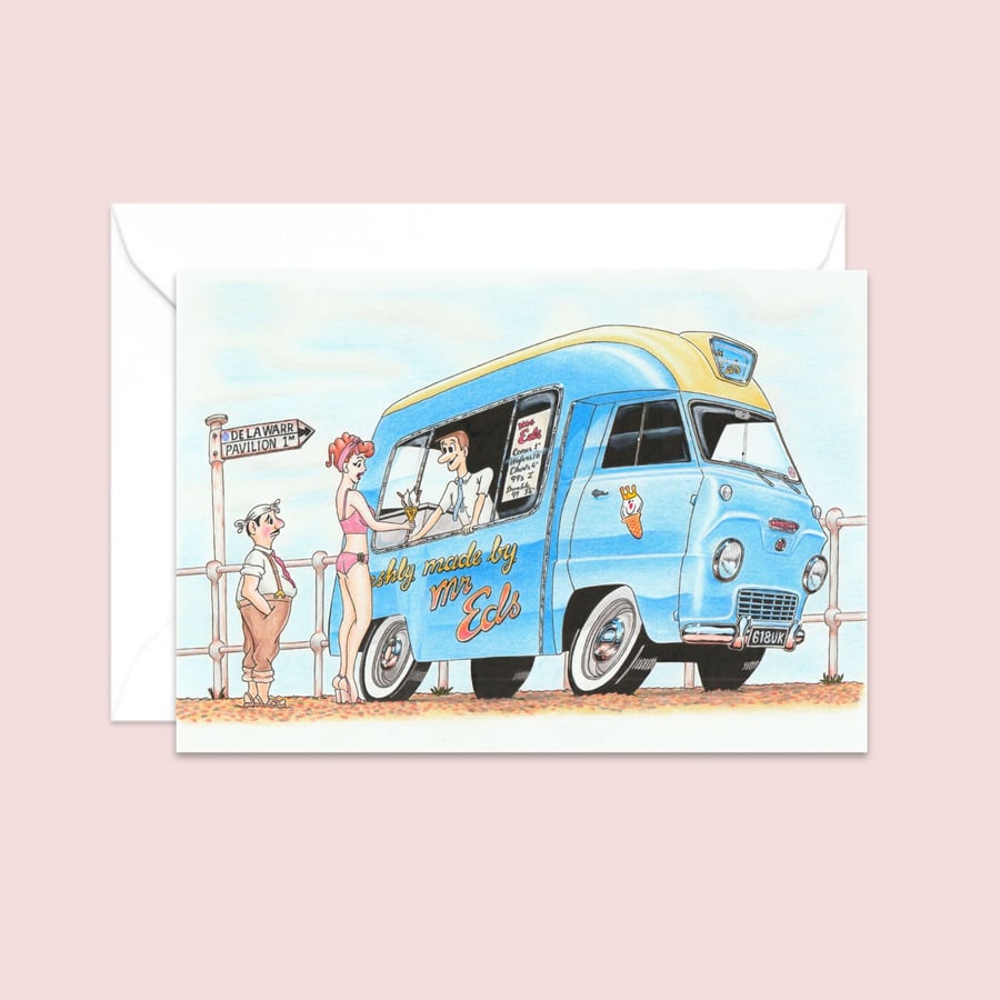 Ice Cream Van Greetings Card: Postcard Style Pencil Illustration (804)