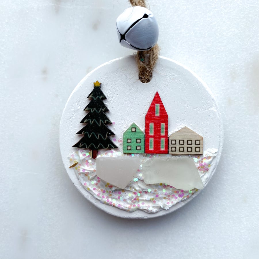 Sale-Ceramic Christmas tree decoration with Cornwall sea glass 