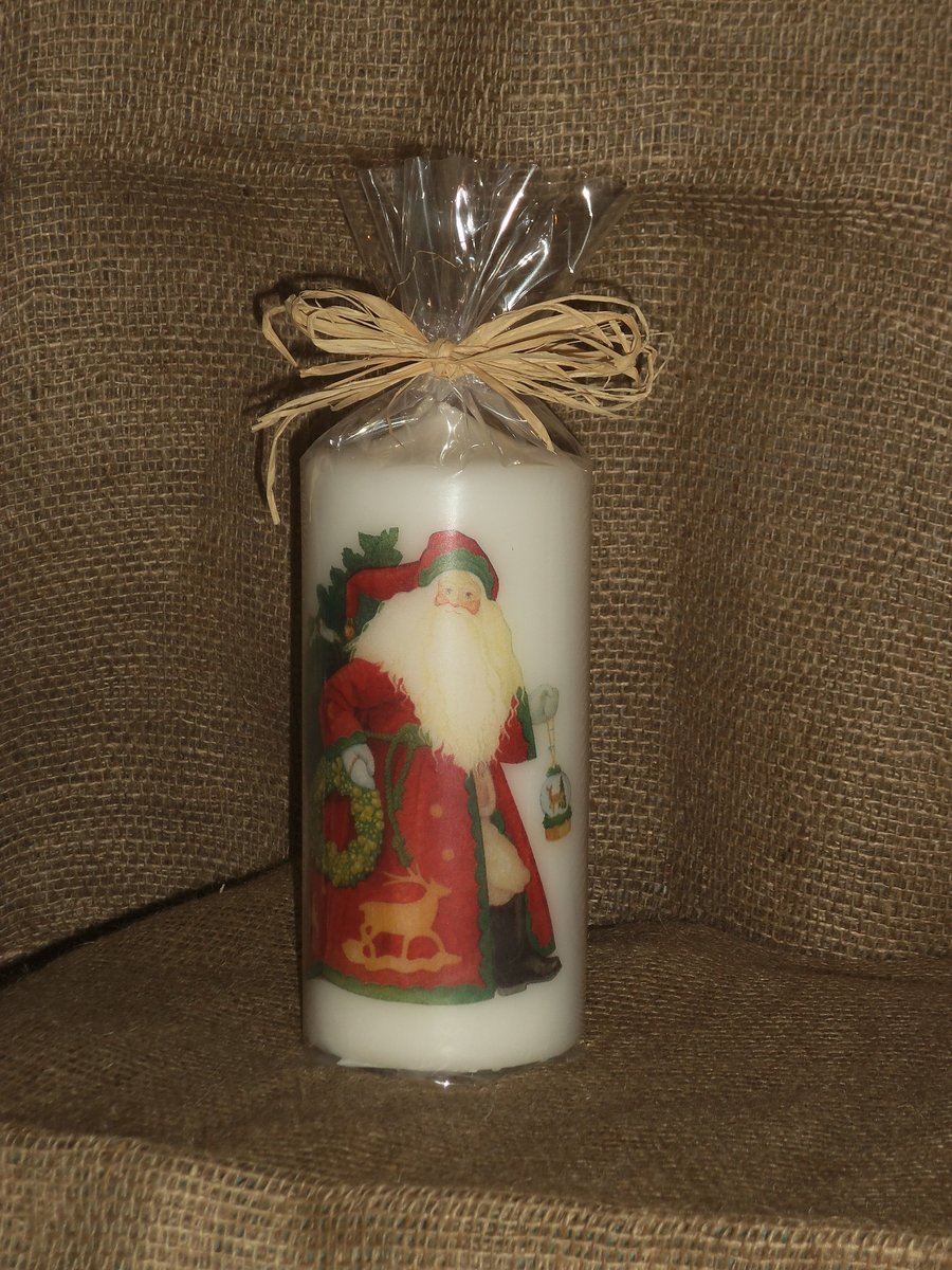 Decorated Candle Father Christmas Santa in the Snow Decoupage Unusual 