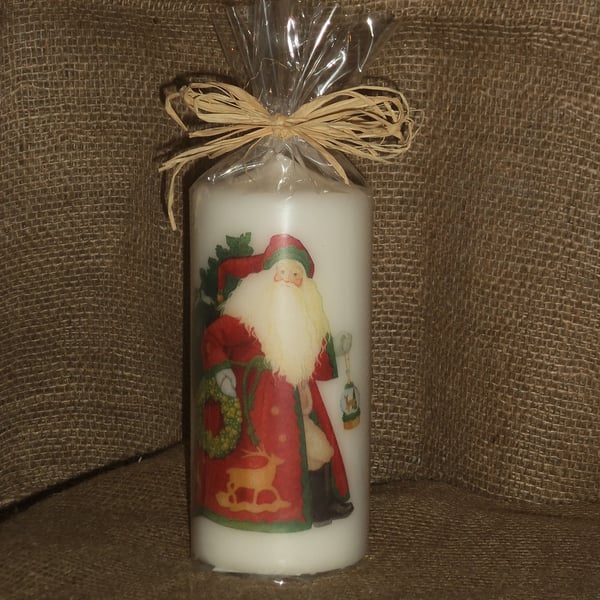 Decorated Candle Father Christmas Santa in the Snow Decoupage Unusual 