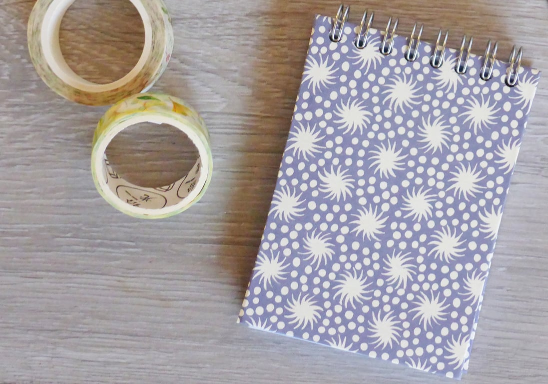 Handmade Notebook with Spiral bind A7 with in star and dot design covers in grey
