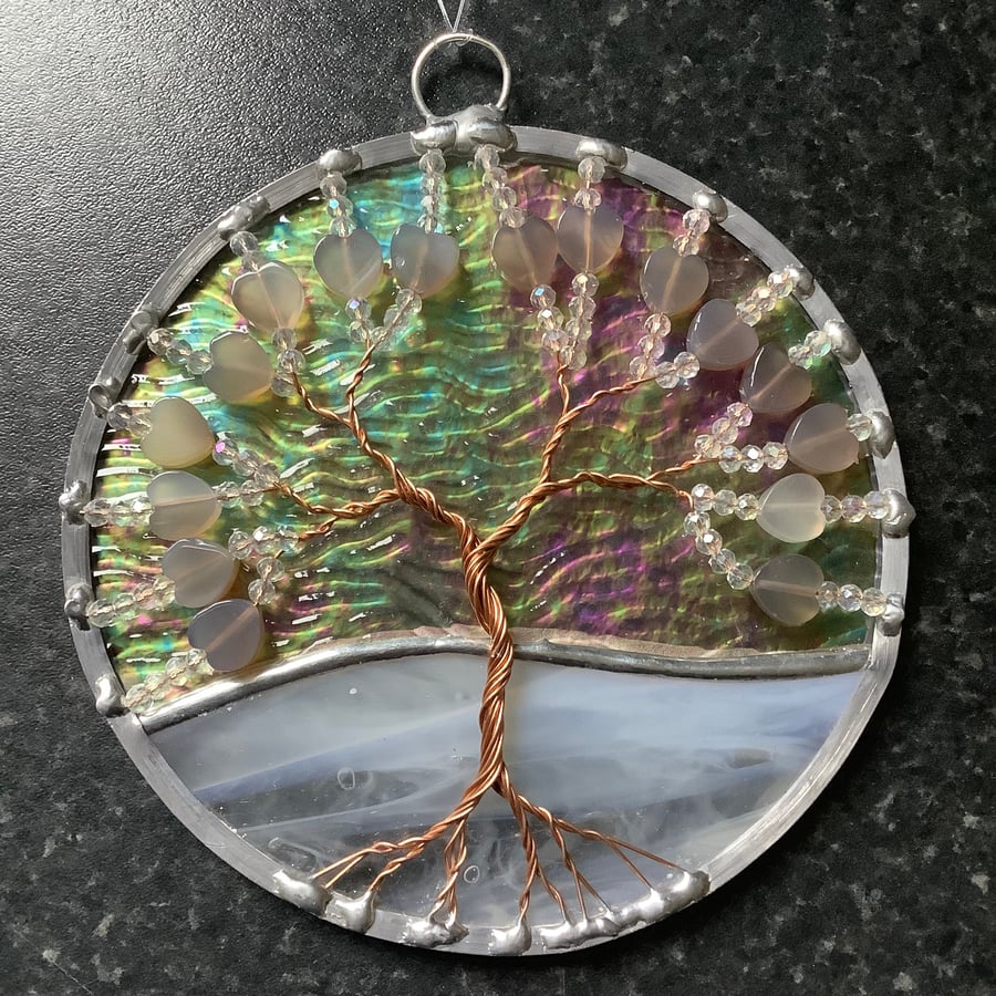 Grey agate heart bead tree of life suncatcher